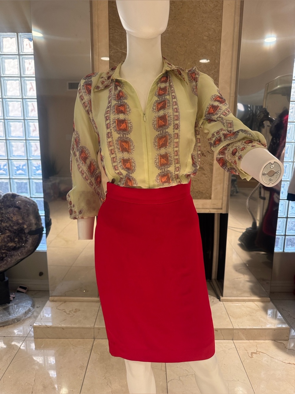 Vintage Moschino Cheap & Chic Red Wool Pencil Skirt Heart Button Italy